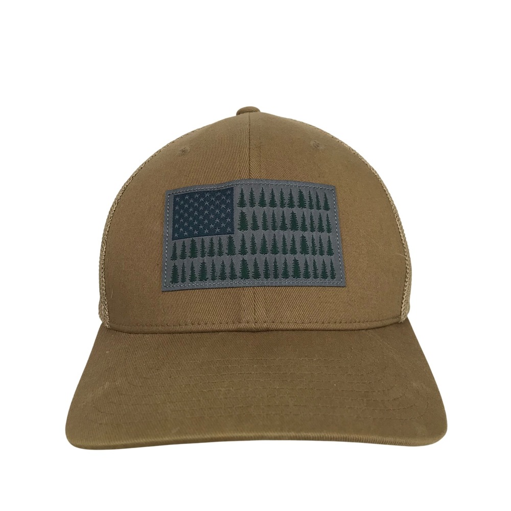 Columbia Mens Flexfit Trucker Hat Tan Mesh American Flag‎ Tree Patch L XL